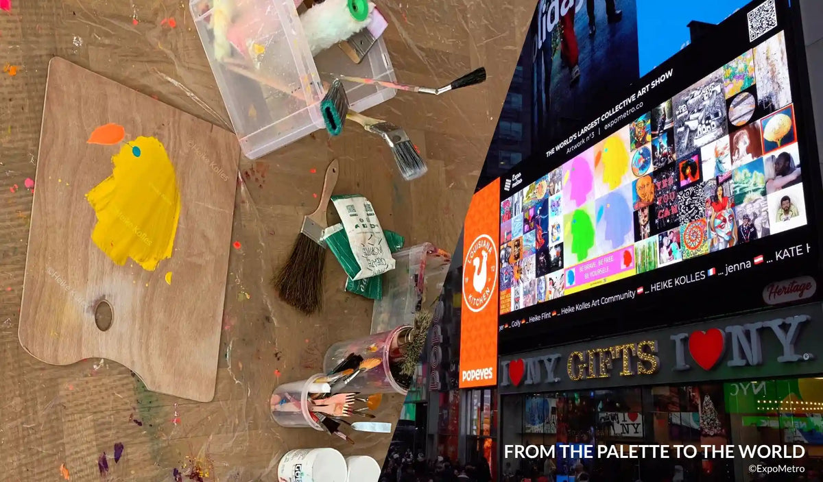 “PARADISE BIRD by intuitive artist Heike Kolles, from its creation on a colorful paint palette in Vienna to its display with ExpoMetro in New York Times Square, New York.”