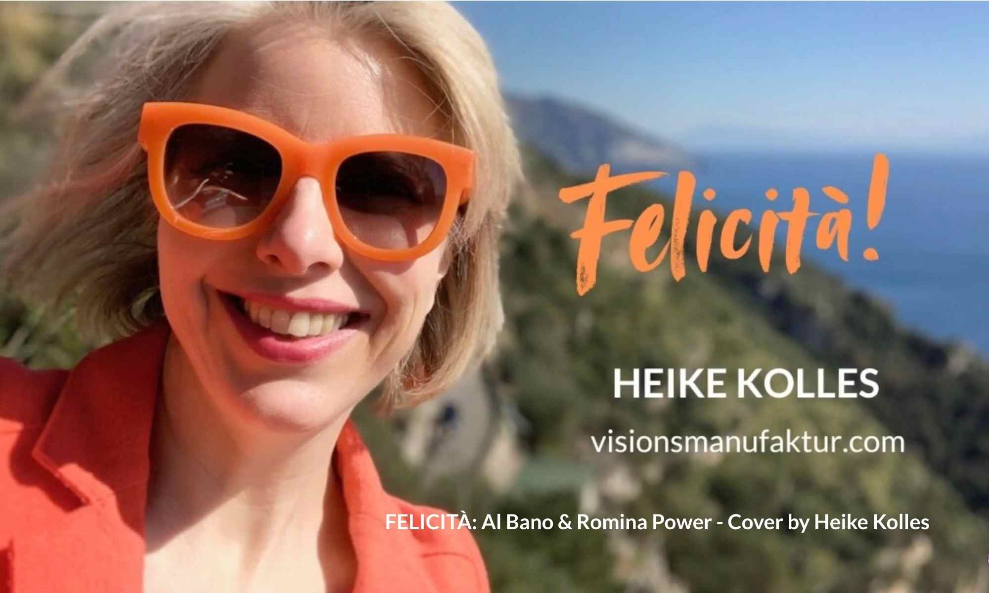 Load video: This is a music video in which Heike Kolles performs a cover version of “Felicità”, the well-known song by Al Bano and Romina Power.The song expresses her love for Italy and the Italian lifestyle.She recorded it in 2020.